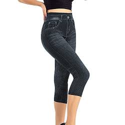 pvucpot Damen High Waist Capri 3/4 Leggins Strass Blumen Steine Hose Jeans Look Leggings Jeggings Optik 8660 (Schwarz, XL) von pvucpot