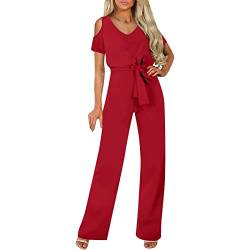 pvucpot Damen Kurzarm Lang Jumpsuit Elegant Overall Jumpsuits O-Ausschnitt Playsuit Romper Hosenanzug mit Gürtel von pvucpot