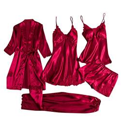 pvucpot Damen Nachtwäsche 5 teiliges Pyjama Set mit Blumenmuster Spitzenbesatz Satin Cami Pyjama-Set mit Robe von pvucpot