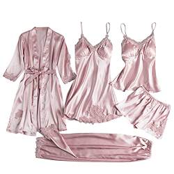 pvucpot Damen Nachtwäsche 5 teiliges Pyjama Set mit Blumenmuster Spitzenbesatz Satin Cami Pyjama-Set mit Robe von pvucpot