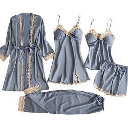 pvucpot Damen Nachtwäsche 5 teiliges Pyjama Set mit Blumenmuster Spitzenbesatz Satin Cami Pyjama-Set mit Robe von pvucpot