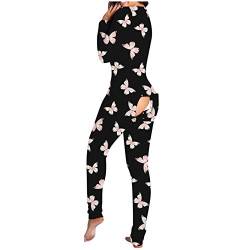 pvucpot Damen Sleepwear Mit Po-Klappe Warm Geschenk Für Frau Bunt Jumpsuit Sleepwear Für Erwachsene Hausanzug Onesies Einteiligen Pyjama Set Kuschelig Damen-Pyjama Schwarz Damen Lang Sexy Pyjama-Set von pvucpot