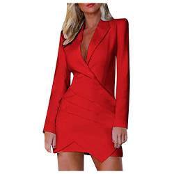 pvucpot Für Kleid Festlich Damen Frauen Cooler Ledermantel Langarm V-Kragen Winterjacke Pu Sexy Bodycon Lederkleid Blazer Minikleid mit Gürtel Cocktailkleider Blau Größen Casual von pvucpot