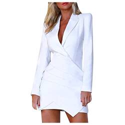 pvucpot Für Kleid Festlich Damen Frauen Cooler Ledermantel Langarm V-Kragen Winterjacke Pu Sexy Bodycon Lederkleid Blazer Minikleid mit Gürtel Cocktailkleider Blau Größen Casual von pvucpot