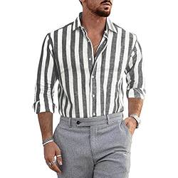 pvucpot Hemd Herren Gestreiftes Langarm Baumwolle Leinenhemd Freizeithemd Buissness Sommerhemd Casual Regular Fit von pvucpot