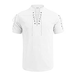 pvucpot Herren Leinenhemd Traditioneller Retro-Stil Schnürung Kurzarm Shirt von pvucpot