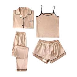 pvucpot Satin Pyjama Damen Kurz 4-teiliges Schlafanzug Kurzarm Nachtwäsche Cami and Shorts Set Frauen Pjs Sets Hausanzug Loungewear Satin Kurzarm von pvucpot