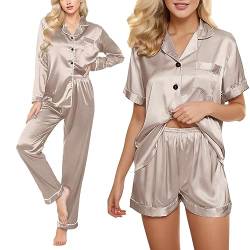 pvucpot Satin Schlafanzug Damen Lang 4-teiliges Pyjama Sets Cami Top and Shorts Set Nachtwäsche Frauen Seidenpyjama von pvucpot