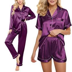 pvucpot Satin Schlafanzug Damen Lang 4-teiliges Pyjama Sets Cami Top and Shorts Set Nachtwäsche Frauen Seidenpyjama von pvucpot