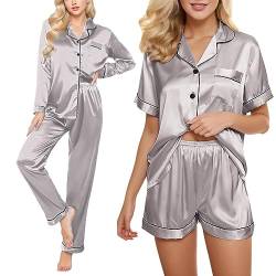 pvucpot Satin Schlafanzug Damen Lang 4-teiliges Pyjama Sets Cami Top and Shorts Set Nachtwäsche Frauen Seidenpyjama von pvucpot