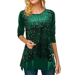 pvucpot Tunika Damen Elegant Pailletten Oberteil Festliche Bluse 3/4 Arm Tunika Lässig Rundhals Glitzer Oberteile Langarmshirt Tops von pvucpot