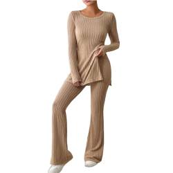 pvucpot Zweiteiler Damen Strickanzug Langarm Gerippt Strickpullover + Lange Schlaghose Sportanzug Lounge Set Freizeit Outfit Tops von pvucpot