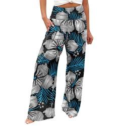 pxjsdwe Leinenhose Damen Sommer Leicht Stoffhose mit Blumenmuster Casual Boho Strandhose Sommerhose Lange Baumwolle Freizeithose Loose High Waist Leinen Hose Lässige Weite Beine Jogginghose Frauen von pxjsdwe