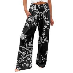 pxjsdwe Leinenhose Damen Sommer Leicht Stoffhose mit Blumenmuster Casual Boho Strandhose Sommerhose Lange Baumwolle Freizeithose Loose High Waist Leinen Hose Lässige Weite Beine Jogginghose Frauen von pxjsdwe