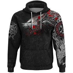 Wikinger-Pullover mit Reißverschluss für Herren und T-Shirt, 3D-Druck mit nordischen Odin-Fenrir-Wolf-Grafiken (Color : Black Hoodie, Size : 6XL) von qsebhnj