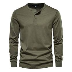 100% Baumwolle Herren T-Shirt Mit Henley-Kragen Lässiges Einfarbiges Langarm-T-Shirt Für Männer,Grün,L von quanmengsh511