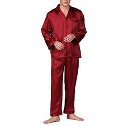 Herren Schlafanzug Lang Satin Pyjama Set Langarm Top und Taschen Pyjamahose Zweiteilig Set Nachtwäsche Weiche Männliche Hausanzug,Rot,3XL von quanmengsh511