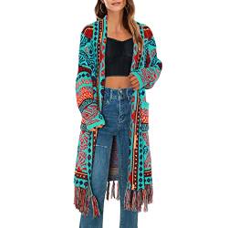 Langer Strick-Cardigan für Damen im Bohemian-Ethno-Stil mit Offener Vorderseite Langen Ärmeln und Fransen am Saum Lockerer Cardigan Outwear,Grün,L von quanmengsh511