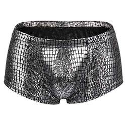 qudang Herren Boxershorts Lack Optik Leder Retroshorts Dessous Erotik Slips Wetlook Hipster Sexy Unterwäsche Reizwäsche Männer Kunstleder gogo Boxer Shorts Leder Slips Geschenke （Silber ，L von qudang