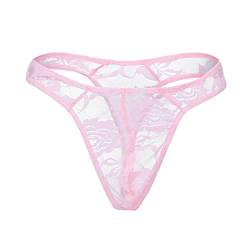 qudang Herren String Tanga Transparent Spitzen Slip Sexy Stickerei Unterwäsche Männer Erotik Unterhose Sissy Dessous G-String T-Back Reizwäsche （Rosa，Einheitsgröße von qudang