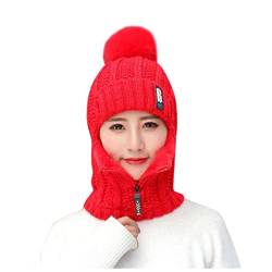 qudang Winter Mütze Schal Set Damen Wintermütze mit Bommel Reißverschluss Sturmhaube Unisex Strickmütze Dicke Fleecefutter 3 in 1 Warm Gefüttert für Outdoor-Wintersport, Rot, Einheitsgröße von qudang