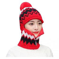 qudang Winter Mütze Schal Set Damen Wintermütze mit Bommel Reißverschluss Sturmhaube Unisex Strickmütze Dicke Fleecefutter 3 in 1 Warm Gefüttert für Outdoor-Wintersport, X - Rot, Einheitsgröße von qudang