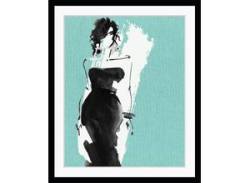 Bild QUEENCE "Ira" Bilder Gr. B/H: 50 cm x 70 cm, Wandbild Frau Hochformat, blau (schwarz) Kunstdrucke Abstrakt, Frau, gerahmt von queence
