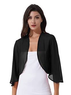 ranrann Chiffon Bolero Damen Festlich Schulterjacke Kurz Jacke Strickjacke Cardigan Vorne Offen Elegant Hochzeit Party Outfit Schwarz XXL von ranrann