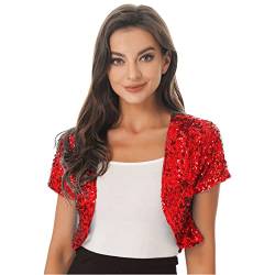 ranrann Damen Bolero Pailletten Jacke Kurz Cardigan Kurzarm Schulterjacke Glitzernde Strickjacke Offen Frauen Retro Party Fasching Silvester Kostüm Rot One Size von ranrann