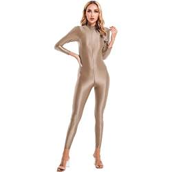 ranrann Damen Einteiler Overall Langarm Body Ganzkörper Catsuit mit doppelter Reißverschluss Ouvert Nachtwäsche Dessous Hosenanzug Stretch Champagne One Size von ranrann