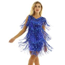 ranrann Damen Latein Kleid Frasen Quasten Tanzkleid Glitzernde Cocktailkleid Flapper Kleider Sexy Salsa Rumba Tango Tanzkostüm Blau X-Large von ranrann