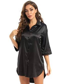 ranrann Damen Nachthemd Lang Pyjama Top Sexy Negligee Nachtwäsche aus Satin Babydoll mit 3/4 Ärmel Knopfleiste Frauen Sleepshirt Sleepwear Sommer Schwarz S von ranrann