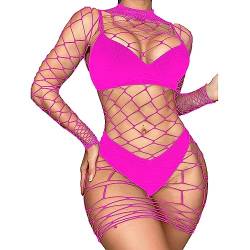 ranrann Damen Sexy Kleider Fischnetz Minikleid Transparent Bikini Cover Up Strandkleid Langarm Bodycon Kleider Unterwäsche Dessous Beachwear D Hot Pink One Size von ranrann