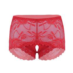 ranrann Damen Slip Ouvert Offener Schritt Unterhose Briefs Höschen Boxershorts Sexy Spitzen Shorts Erotik Unterwäsche Dessous Reizwäsche Durchsichtig Rot XL von ranrann