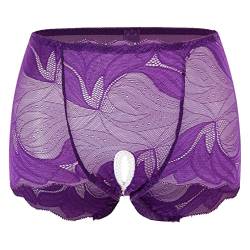 ranrann Damen Slip Ouvert Offener Schritt Unterhose Briefs Höschen Boxershorts Sexy Spitzen Shorts Erotik Unterwäsche Dessous Reizwäsche Durchsichtig Violett Y XXL von ranrann