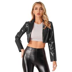 ranrann Damen Wetlook Jacke Sexy Crop Top Kurz Bolero Lack Leder Langarm Blazer Reverskragen Steampunk Gothic Kostüm Clubwear Schwarz 3XL von ranrann