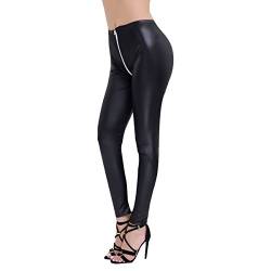 ranrann Damen Wetlook Leggings Sexy Leggins Tights High Waist Hose Ouvert Dessous aus Kunstleder mit Reißverschluss Slim Fit Elastisch Sexy für Party Club Schwarz M von ranrann