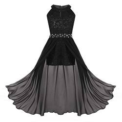 ranrann Festliches Kleid Mädchen Hochzeit Party Kleid Blumenmädchen Prinzessin Kleid Kinder Spitze Festzug Kommunion Kleid Neckholder Abendkleid 6-14 Jahre Schwarz 140/10 Jahre von ranrann