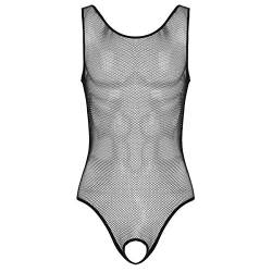 ranrann Herren Netzbody Overall Unterhemd Ouvert Bodysuit mit Offenem Schritt Durchsichtige Dessous Lingerie Nachtwäsche Sexy Unterwäsche Schwarz XL von ranrann