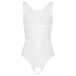 ranrann Herren Netzbody Overall Unterhemd Ouvert Bodysuit mit Offenem Schritt Durchsichtige Dessous Lingerie Nachtwäsche Sexy Unterwäsche Weiß L von ranrann