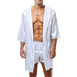 ranrann Herren Satin Pyjama Schlafanzug Kurz/Lang Bademantel Morgenmantel mit Gürtel Sexy Männer Nachthemd Sommer Erotik Nachtwäsche Weiß C_Ohne Shorts L von ranrann