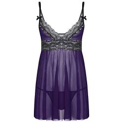 ranrann Herren Sissy Kleid Nachtkleid Satin Dessous Nachtwäsche Spaghetti Träger Nachthemd mit String Sexy Negligee Männer Gay Crossdressing Outfits Violett XL von ranrann