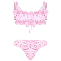 ranrann Herren Sissy Unterwäsche Erotik Dessous Set Bikini BH Oberteile+Jockstrap Shorts Satin Nachtwäsche Reizwäsche Party Clubwear M-XL Rosa_A XL von ranrann