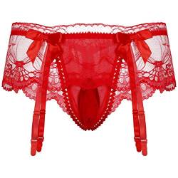 ranrann Herren Slip Strings Tanga Spitzen Unterhose Unterwäsche Bikini Trunks mit Strupmfhalter Transparent Männer Strapsen Lingerie Sissy Dessous Rot One Size von ranrann