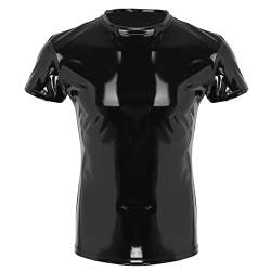 ranrann Herren Wetlook Shirt Oberteil Kurzarm Hemd Tops Kunstleder Muskelshirt Unterhemd Latex Outfit Slim Fit Fitness Clubwear M L XL XXL Schwarz X-Large von ranrann