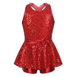 ranrann Mädchen Glitzer Ballettanzug Einteiler Tanzkleid mit eingebautem Shorts Pailletten Trikot Kostüm Rückenfrei für Unterricht Performance Show Rot 134-140/9-10 Jahre von ranrann