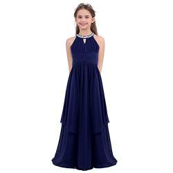 ranrann Mädchen Nechholder Kleid Blumenmädchenkleid Ballkleid Ärmellos Lang Chiffonkleid Tailliert Trägerlos für Abend Hochzeit Geburtstag Marineblau 176/16 Jahre von ranrann