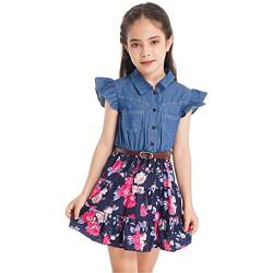 ranrann Mädchen Sommer Kleid Freizeitkleid Shirtkleid A-Linie Baumwolle Faltenkleid Demin Jeans Top Oberteil mit Geblümt Rock Kinder Casual Party Kleidung Marineblau 134-140/9-10 Jahre von ranrann