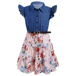 ranrann Mädchen Sommer Kleid Freizeitkleid Shirtkleid A-Linie Baumwolle Faltenkleid Demin Jeans Top Oberteil mit Geblümt Rock Kinder Casual Party Kleidung Rosa 158-164/13-14 Jahre von ranrann