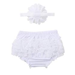 ranrann Neugeborenes Baby Slip Mädchen Unterhose Bloomers mit Spitzen Rüschen Blumen Haarschmuck Kleinkind Kostüm Babybekleidung für Geburtstag Fotoshooting Weiß 50-80/0-12 Monate von ranrann